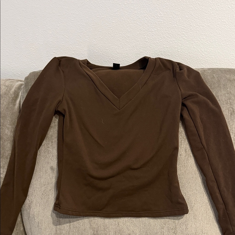 SHEIN Chocolate Brown V-Neck Long Sleeve Top